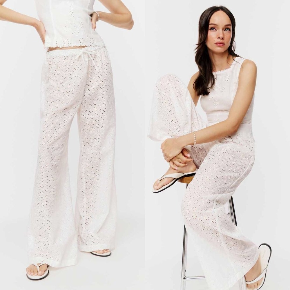 NWT Reformation Petites Olina Pant White Eyelet XSP | Wide Leg Drawstring
